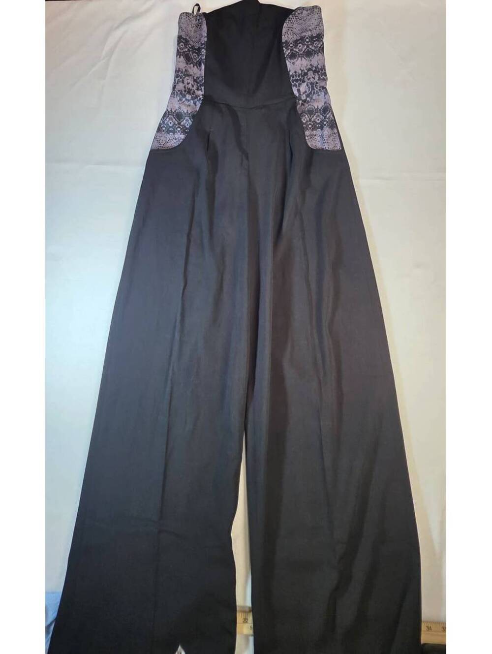 Newport News Women's Black Polyester Wide-Leg Jumpsuit with Patterned Bust, 6